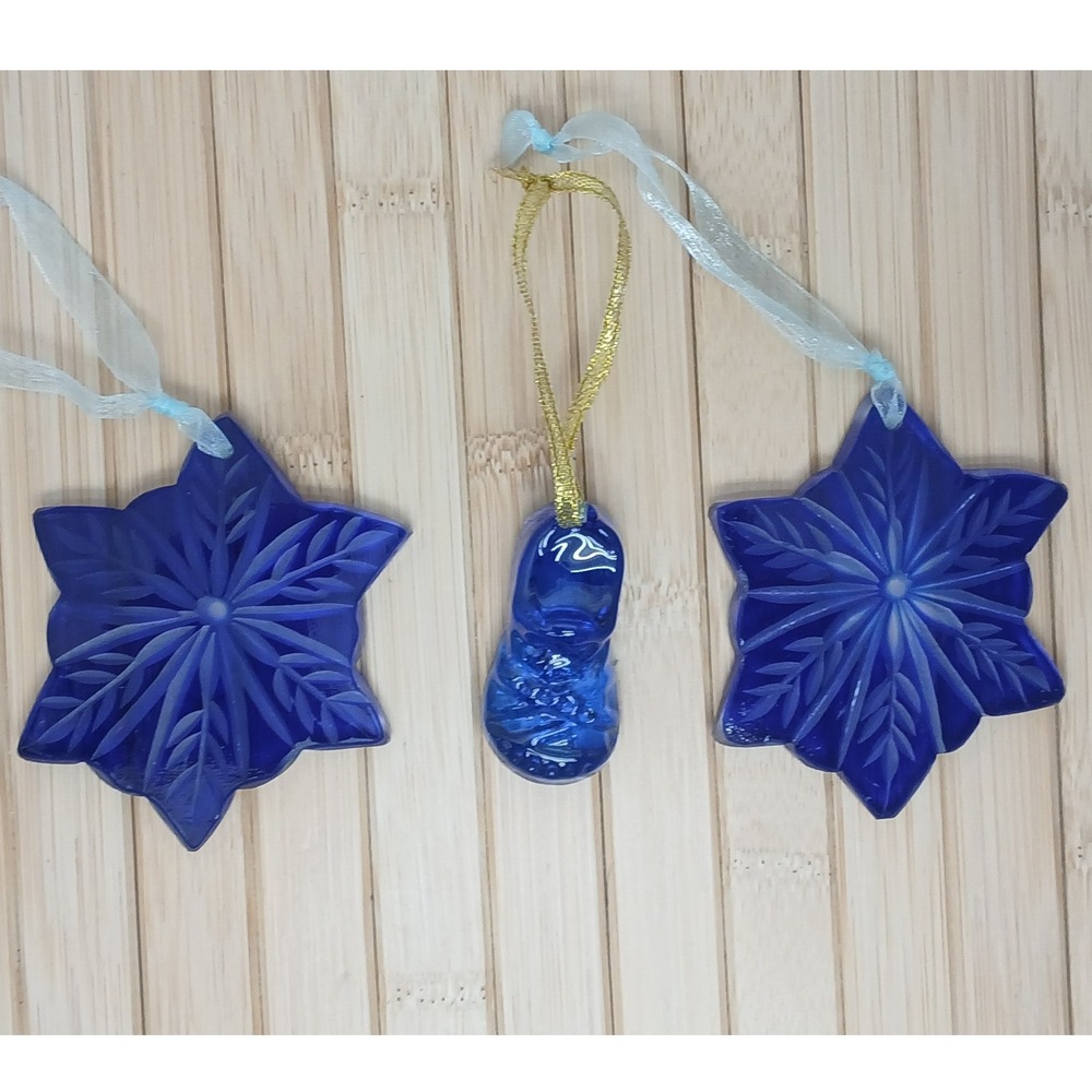 Cobalt Blue Glass Ornament Set 2020 Baby Shoe and Snowflake Trio